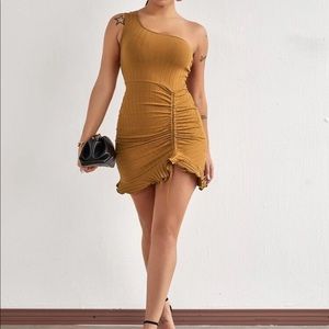 One Shoulder Ruched Drawstring Ruffled Hem Dress